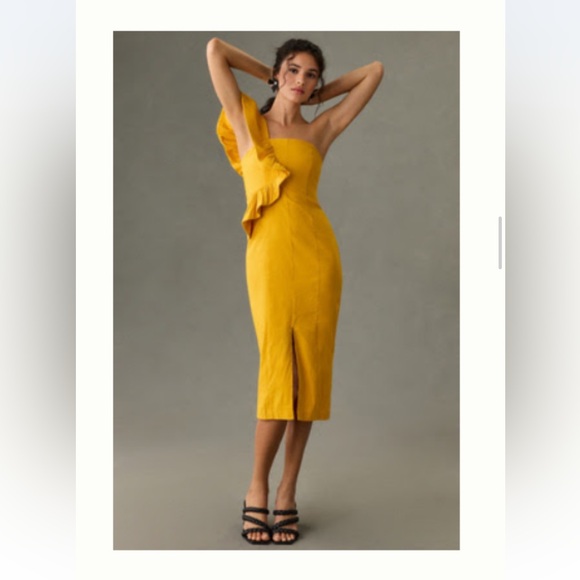 Anthropologie Dresses & Skirts - Anthropologie Yellow Ruffle One Shoulder Slim Midi dress NWT small